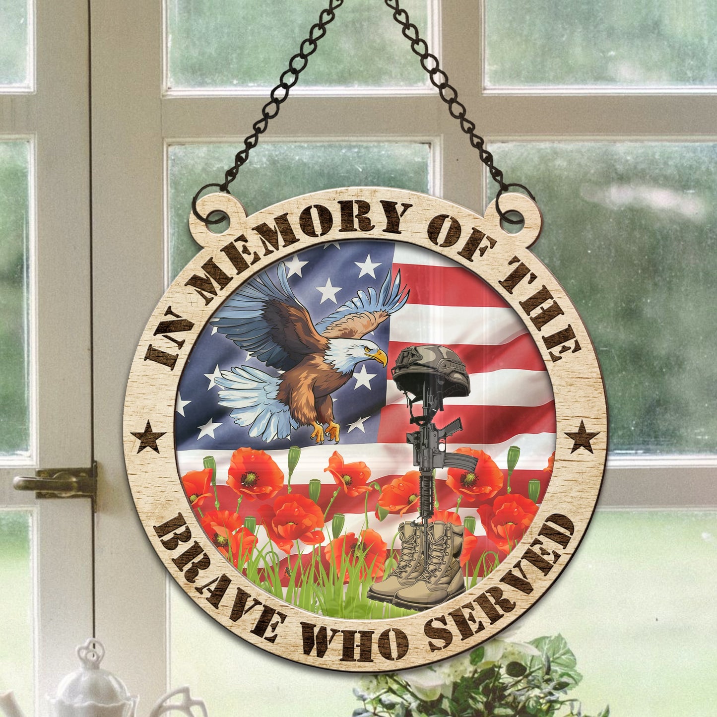 In Memory of the Brave Plaque by Steve Veterans Hanging Suncatcher Ornament