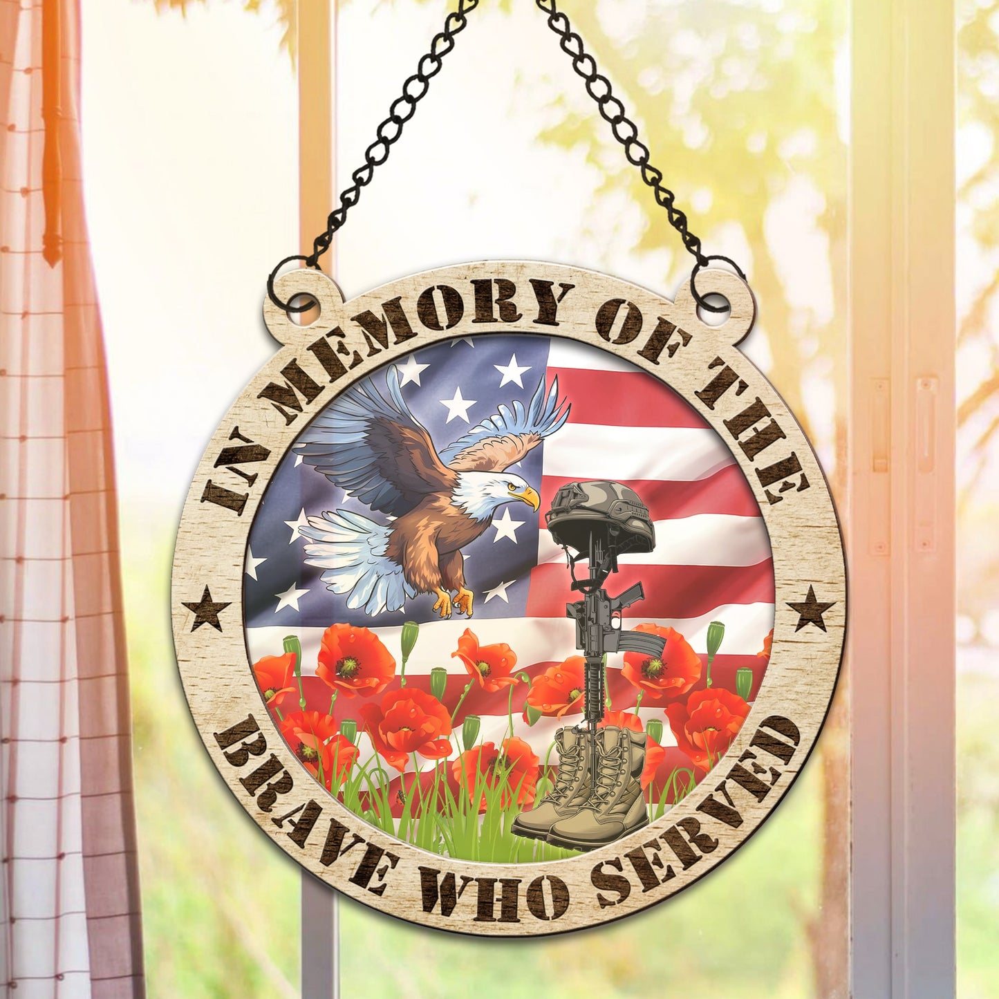 In Memory of the Brave Plaque by Steve Veterans Hanging Suncatcher Ornament