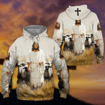 Jesus Christ And Sheeps, Gifts For Christian - Inspirational Christian 3D All Over Print T-Shirt And Hoodie