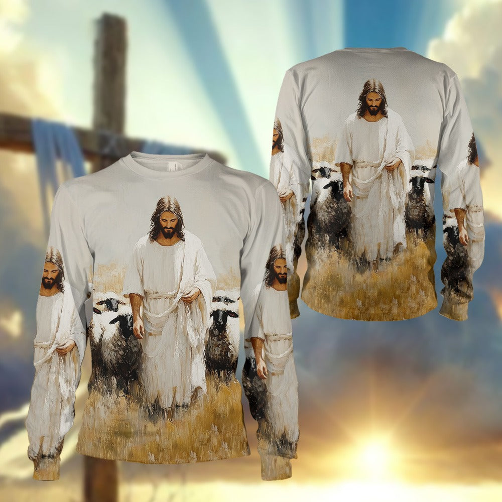 Jesus Christ And Sheeps, Gifts For Christian - Inspirational Christian 3D All Over Print T-Shirt And Hoodie