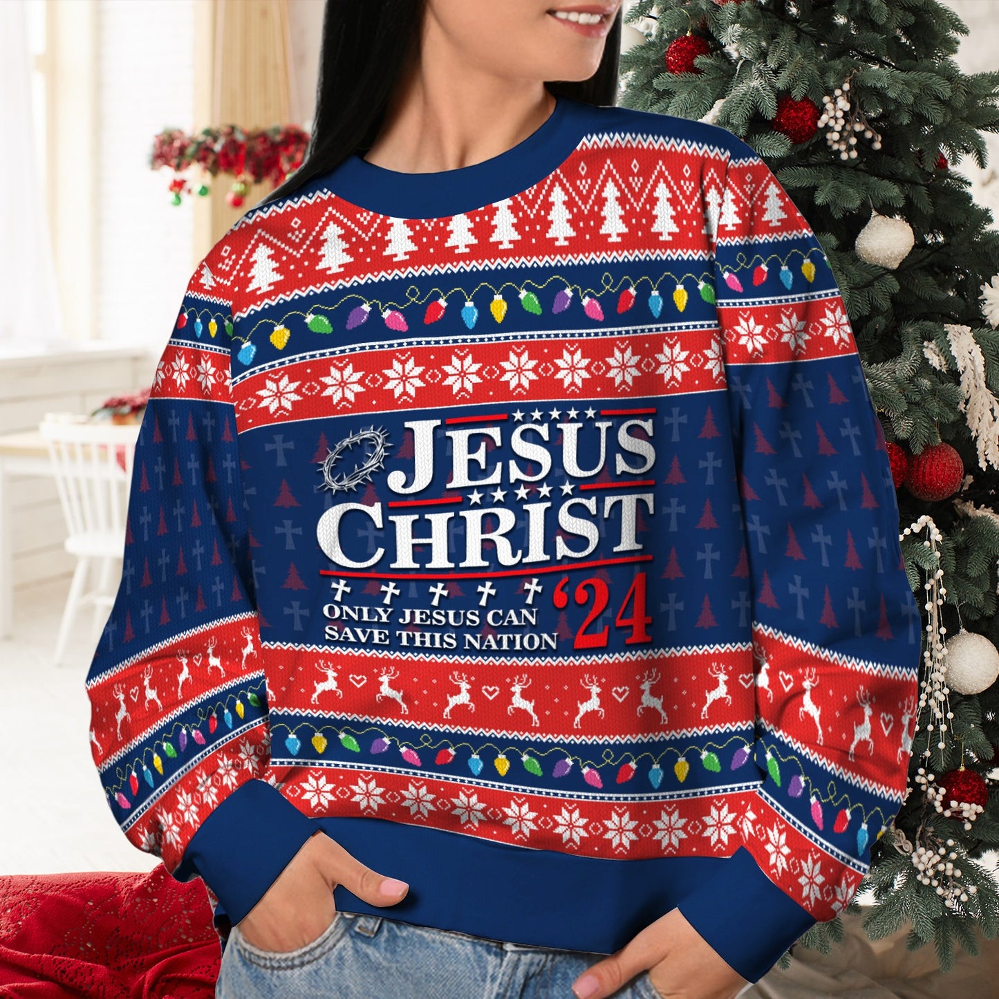 Jesus Christ ‘24 Only Jesus Can Save This Nation, Christian Christmass Ugly Sweatshirt