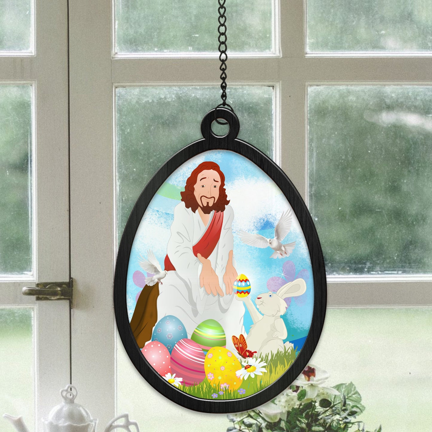 Jesus Christ with Easter Bunny, Happy Easter Jesus Hanging Suncatcher Ornament