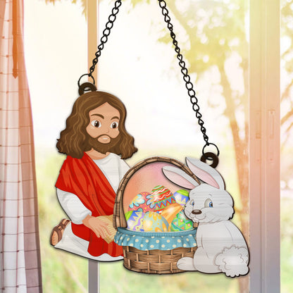 Jesus Christ with Easter Bunny, Happy Easter Jesus Hanging Suncatcher Ornament