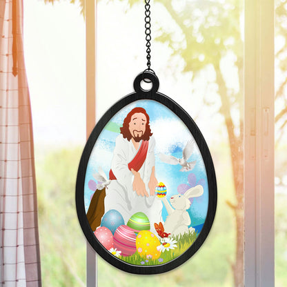 Jesus Christ with Easter Bunny, Happy Easter Jesus Hanging Suncatcher Ornament