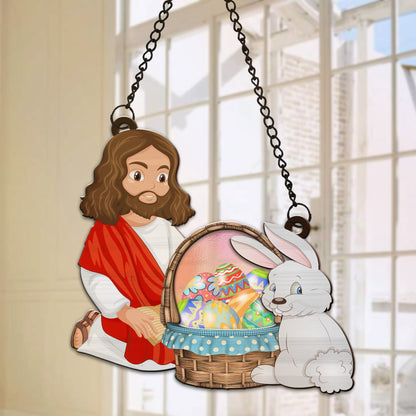 Jesus Christ with Easter Bunny, Happy Easter Jesus Hanging Suncatcher Ornament