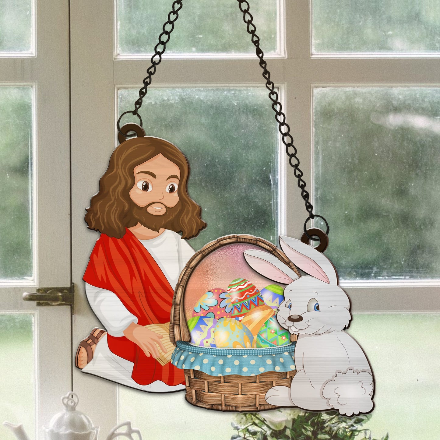 Jesus Christ with Easter Bunny, Happy Easter Jesus Hanging Suncatcher Ornament