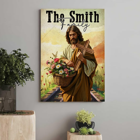 Jesus Holding Cross And Flowers Poster, Birth Flower Family Personalized Poster