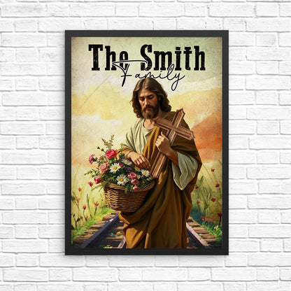 Jesus Holding Cross And Flowers Poster, Birth Flower Family Personalized Poster