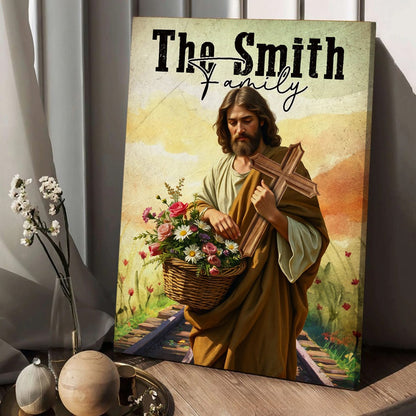 Jesus Holding Cross And Flowers Poster, Birth Flower Family Personalized Poster