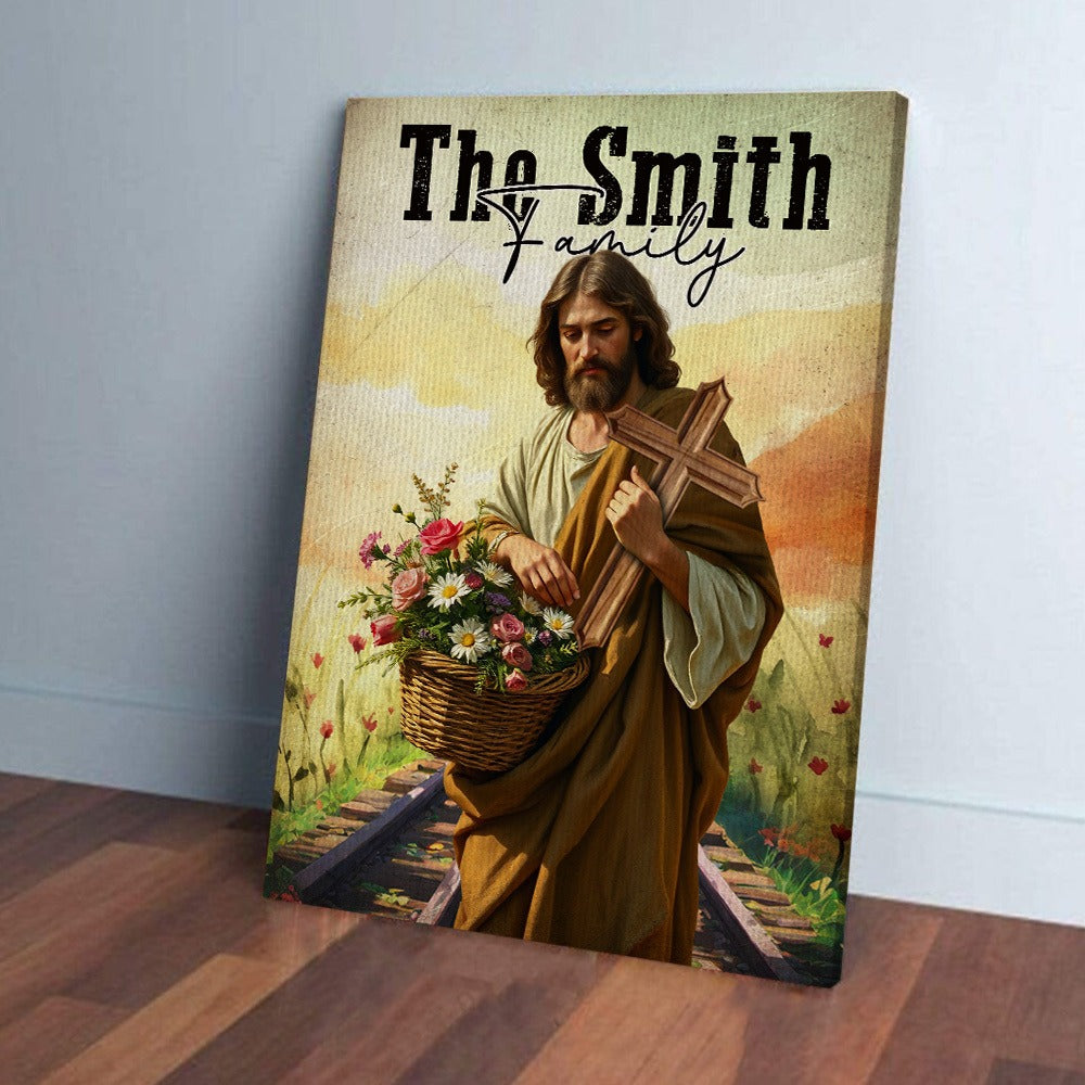 Jesus Holding Cross And Flowers Poster, Birth Flower Family Personalized Poster