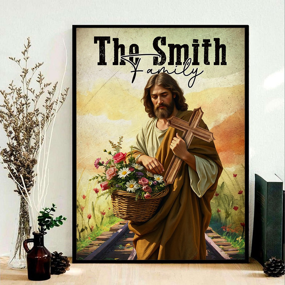 Jesus Holding Cross And Flowers Poster, Birth Flower Family Personalized Poster