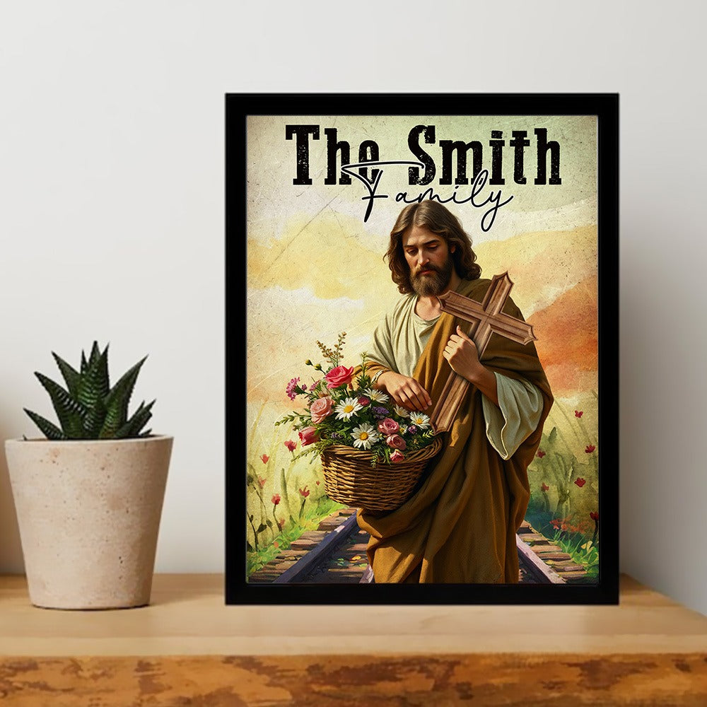 Jesus Holding Cross And Flowers Poster, Birth Flower Family Personalized Poster