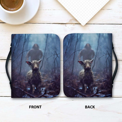 Jesus Running Toward a Lost Lamb in the Rainy Forest Leather Bible Cover