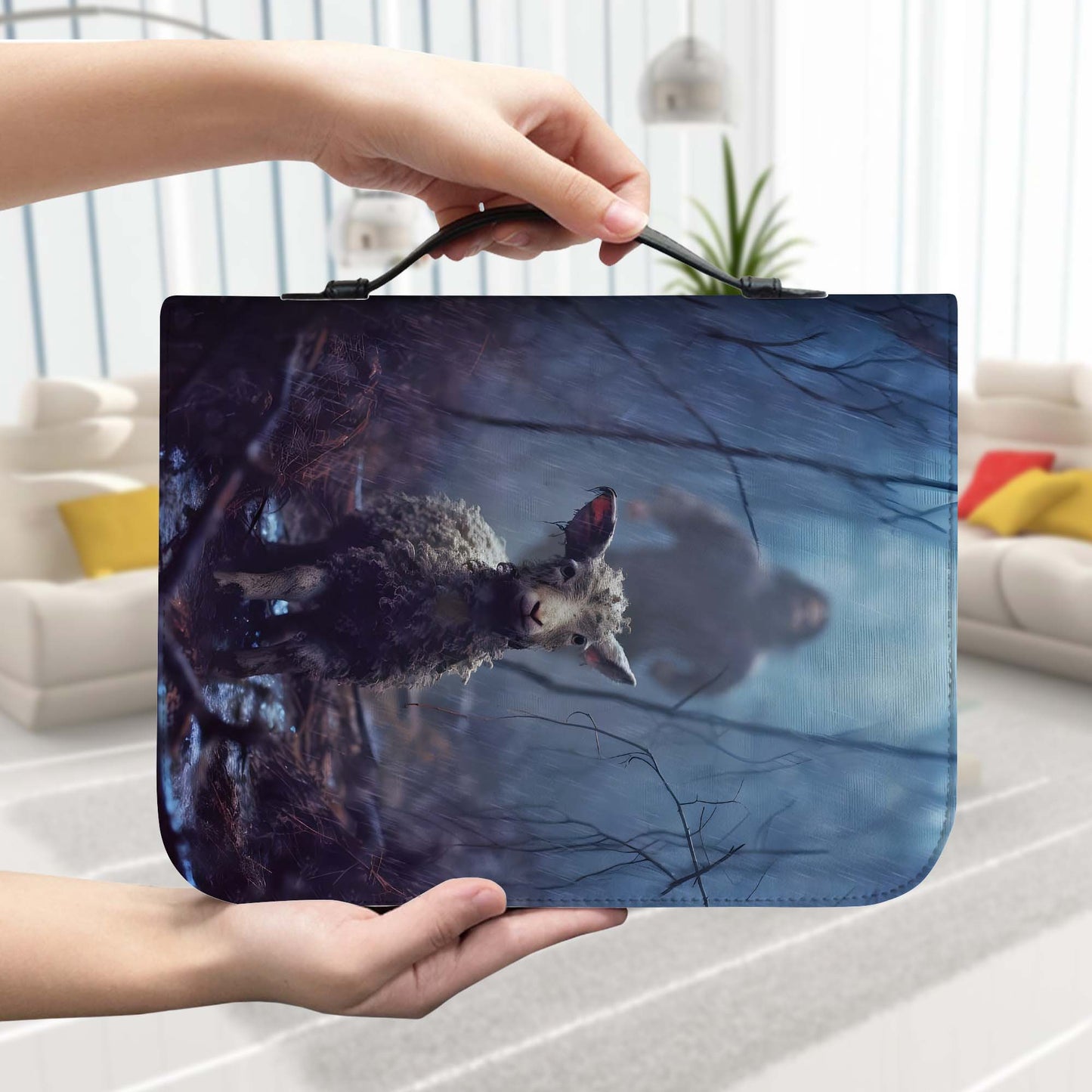 Jesus Running Toward a Lost Lamb in the Rainy Forest Leather Bible Cover