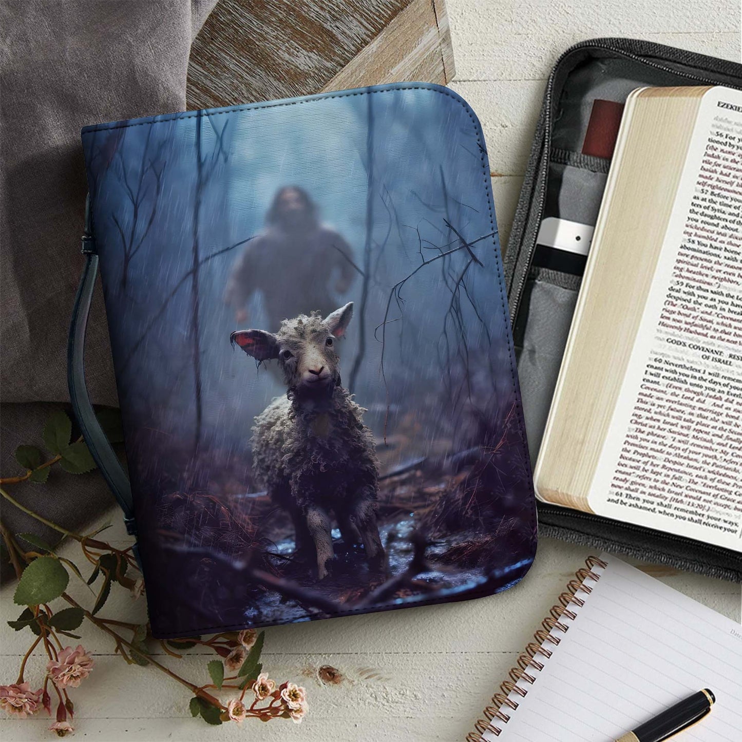 Jesus Running Toward a Lost Lamb in the Rainy Forest Leather Bible Cover