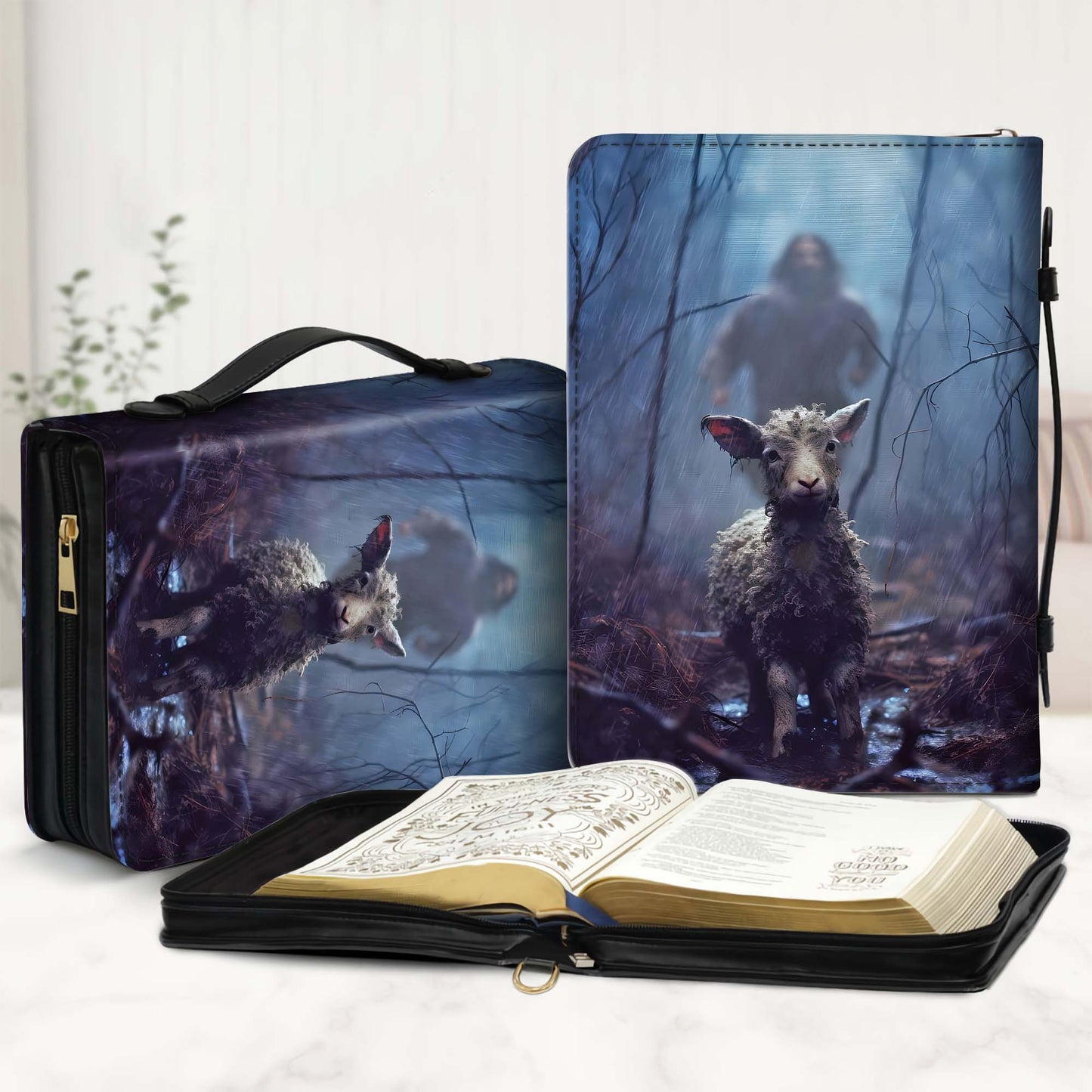 Jesus Running Toward a Lost Lamb in the Rainy Forest Leather Bible Cover