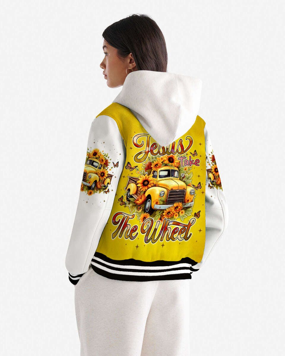 Jesus Take The Wheel Yellow Vintage Truck with Sunflowers Varsity Jacket