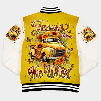 Jesus Take The Wheel Yellow Vintage Truck with Sunflowers Varsity Jacket