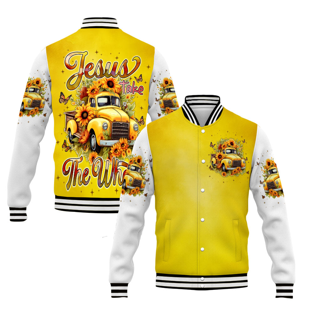 Jesus Take The Wheel Yellow Vintage Truck with Sunflowers Varsity Jacket