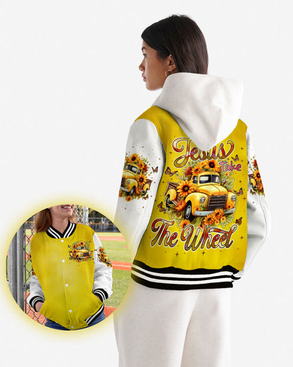 Jesus Take The Wheel Yellow Vintage Truck with Sunflowers Varsity Jacket