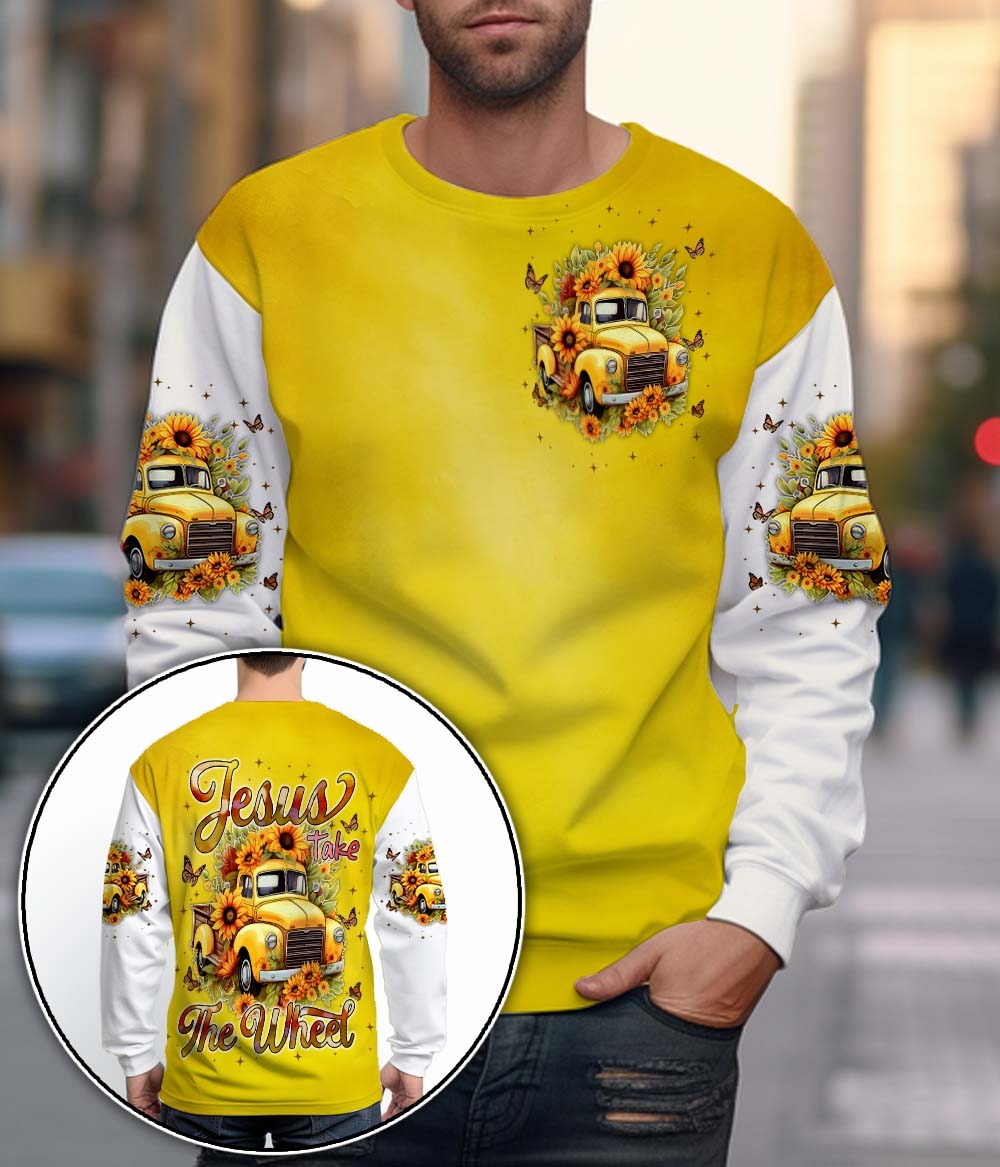 Jesus Take The Wheel Yellow Vintage Truck with Sunflowers 3D All Over Print T-Shirt And Hoodie