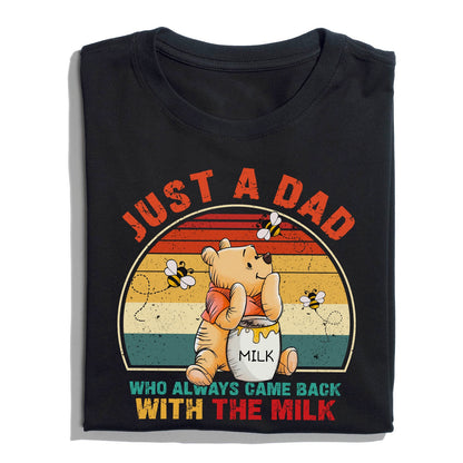 Just A Dad Who Came Back With The Milk Shirt - Funny Pooh Bear Dad T-Shirt - Retro Sunset Father’s Day Gift