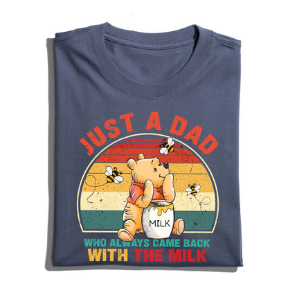 Just A Dad Who Came Back With The Milk Shirt - Funny Pooh Bear Dad T-Shirt - Retro Sunset Father’s Day Gift