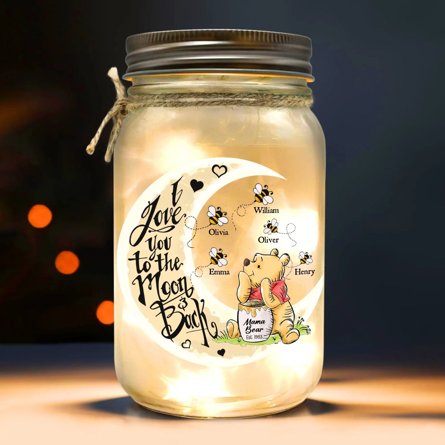 Mama Bear I Love You To The Moon And Back - Personalized Birth Flower Mason Jar Light