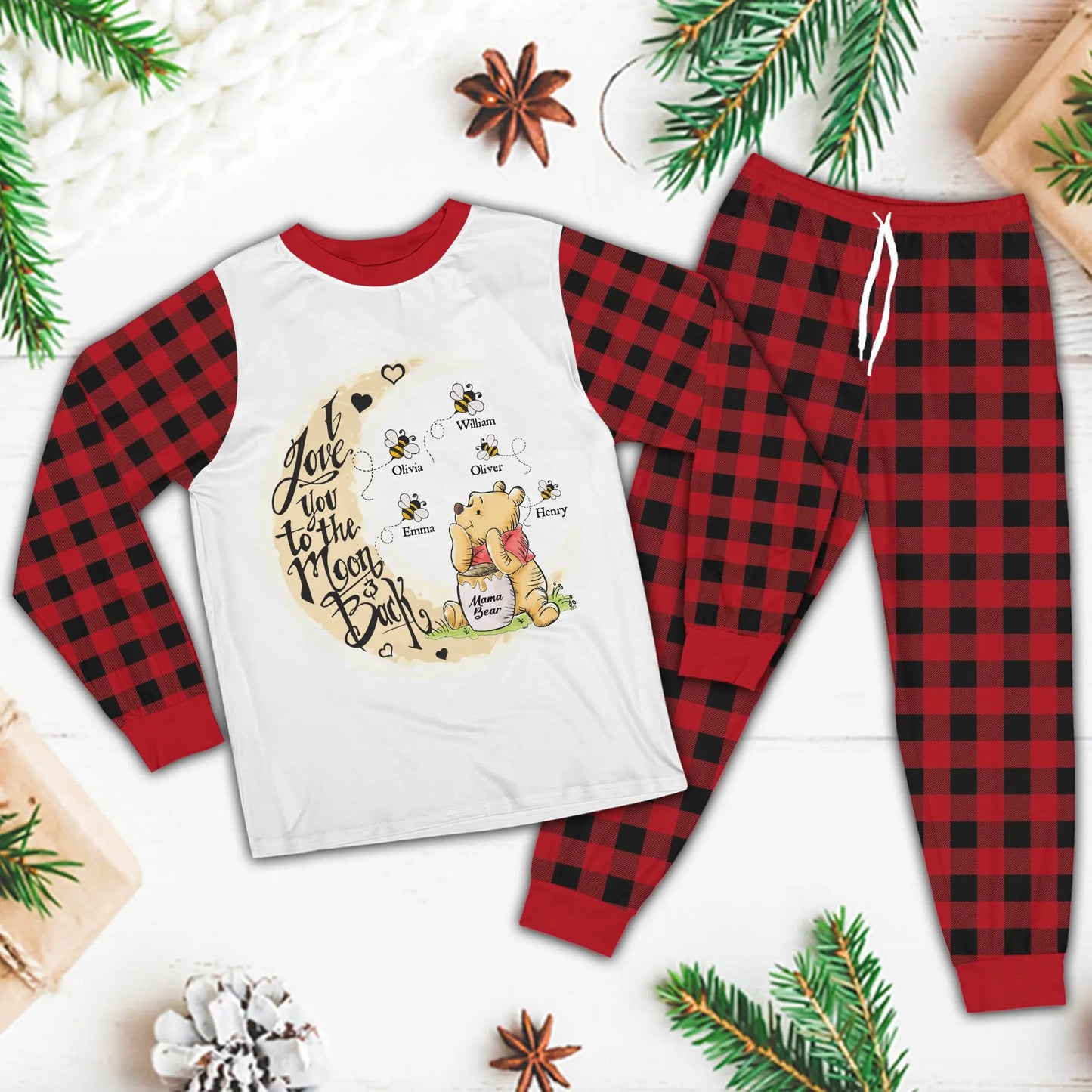 Mama Bear Pajamas, I Love You To The Moon And Back - Personalized Christmas Pajamas Set