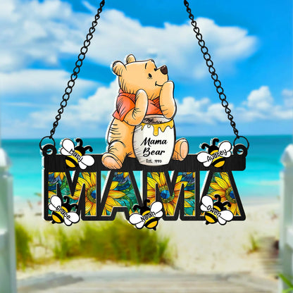 Mama Honey Bear Winnie The Pooh - Personalized Gift For Mom Hanging Suncatcher Ornament