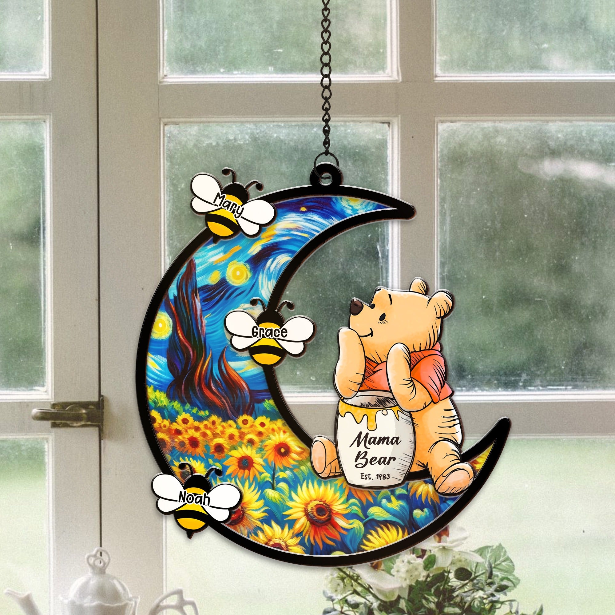 Personalized Mama Honey Bear, Winnie The Pooh Mother's Day Hanging Suncatcher Ornament