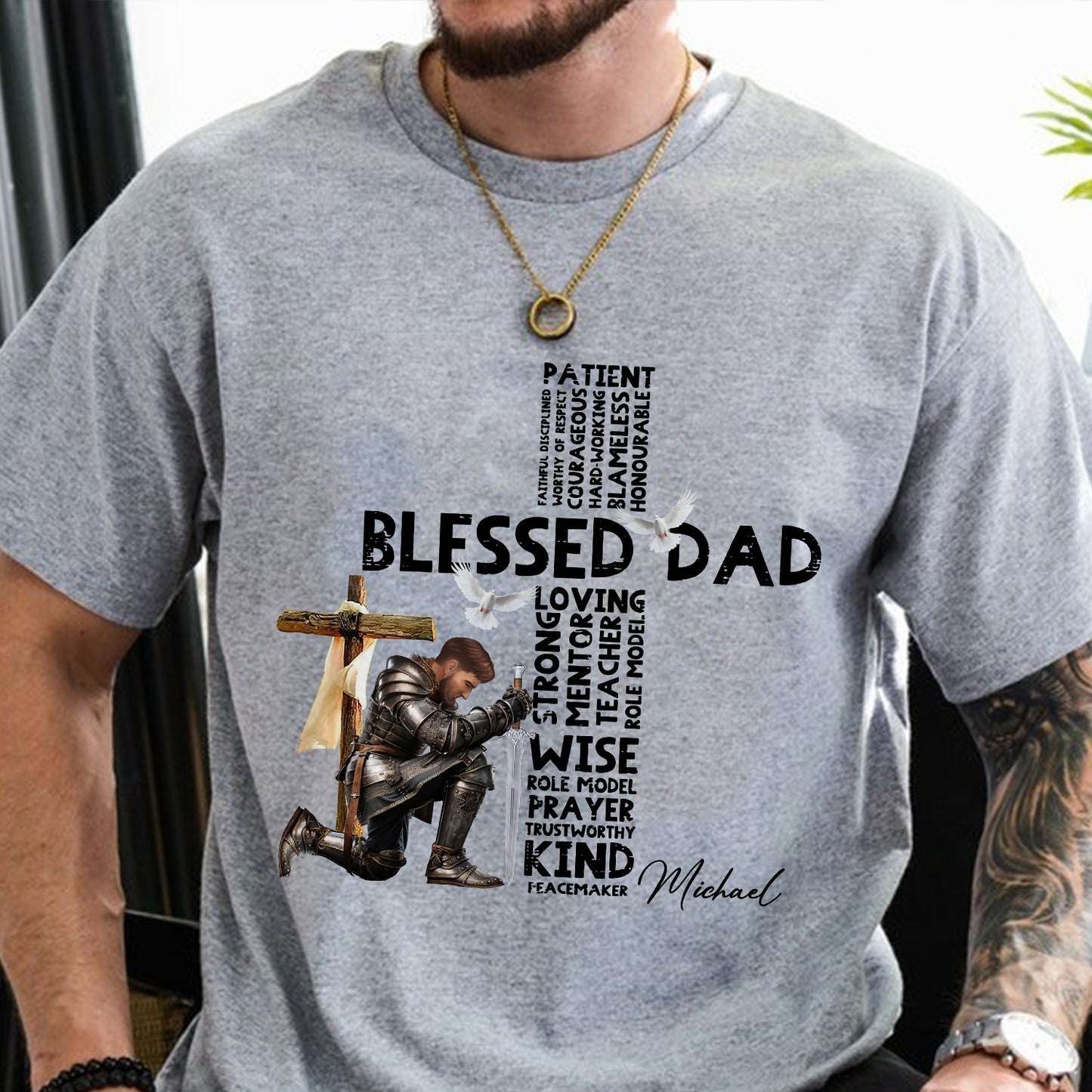 Man Warrior Of God Christian Blessed Dad Cross Father's Day - Personalized Mens Christian T-Shirt