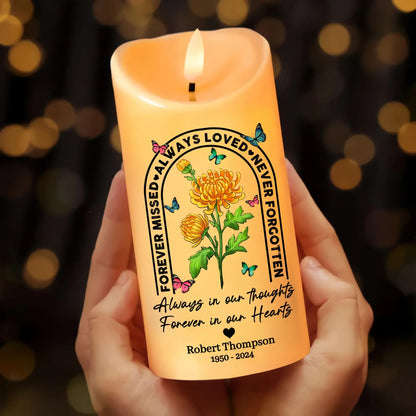 Memorial Birth Flower Always Loved Never Forgotten Forever Missed - Personalized Memorial Led Candle