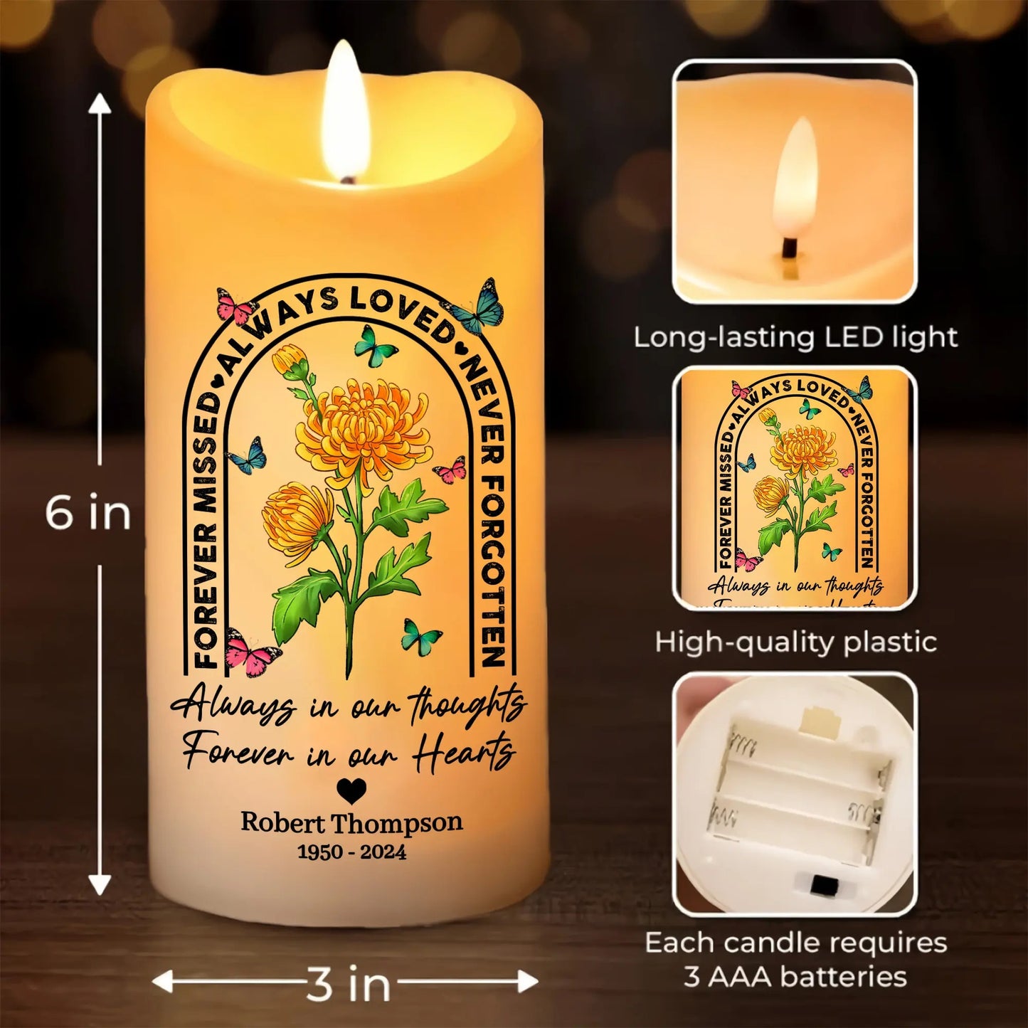 Memorial Birth Flower Always Loved Never Forgotten Forever Missed - Personalized Memorial Led Candle