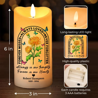 Memorial Birth Flower Always Loved Never Forgotten Forever Missed - Personalized Memorial Led Candle