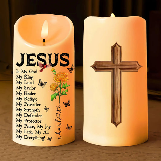 Birth Month Flower Jesus Is My God My King My Lord My Savior - Personalized Led Candle