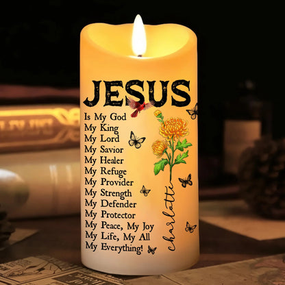 Birth Month Flower Jesus Is My God My King My Lord My Savior - Personalized Led Candle