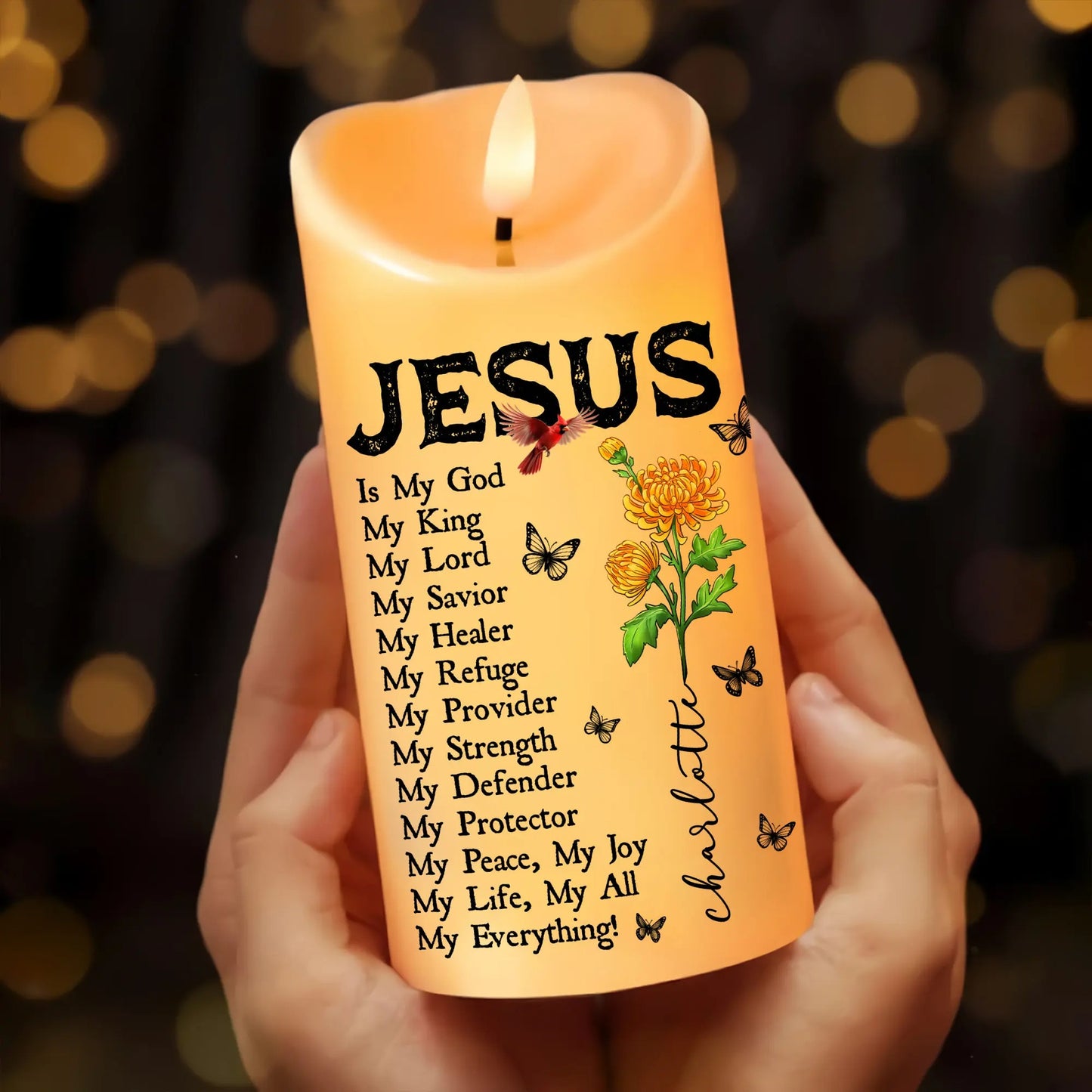 Birth Month Flower Jesus Is My God My King My Lord My Savior - Personalized Led Candle