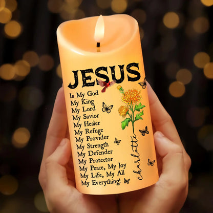 Birth Month Flower Jesus Is My God My King My Lord My Savior - Personalized Led Candle