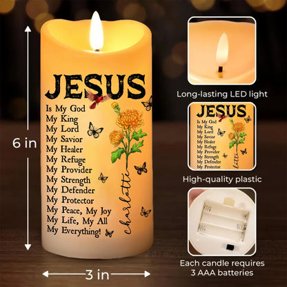 Birth Month Flower Jesus Is My God My King My Lord My Savior - Personalized Led Candle