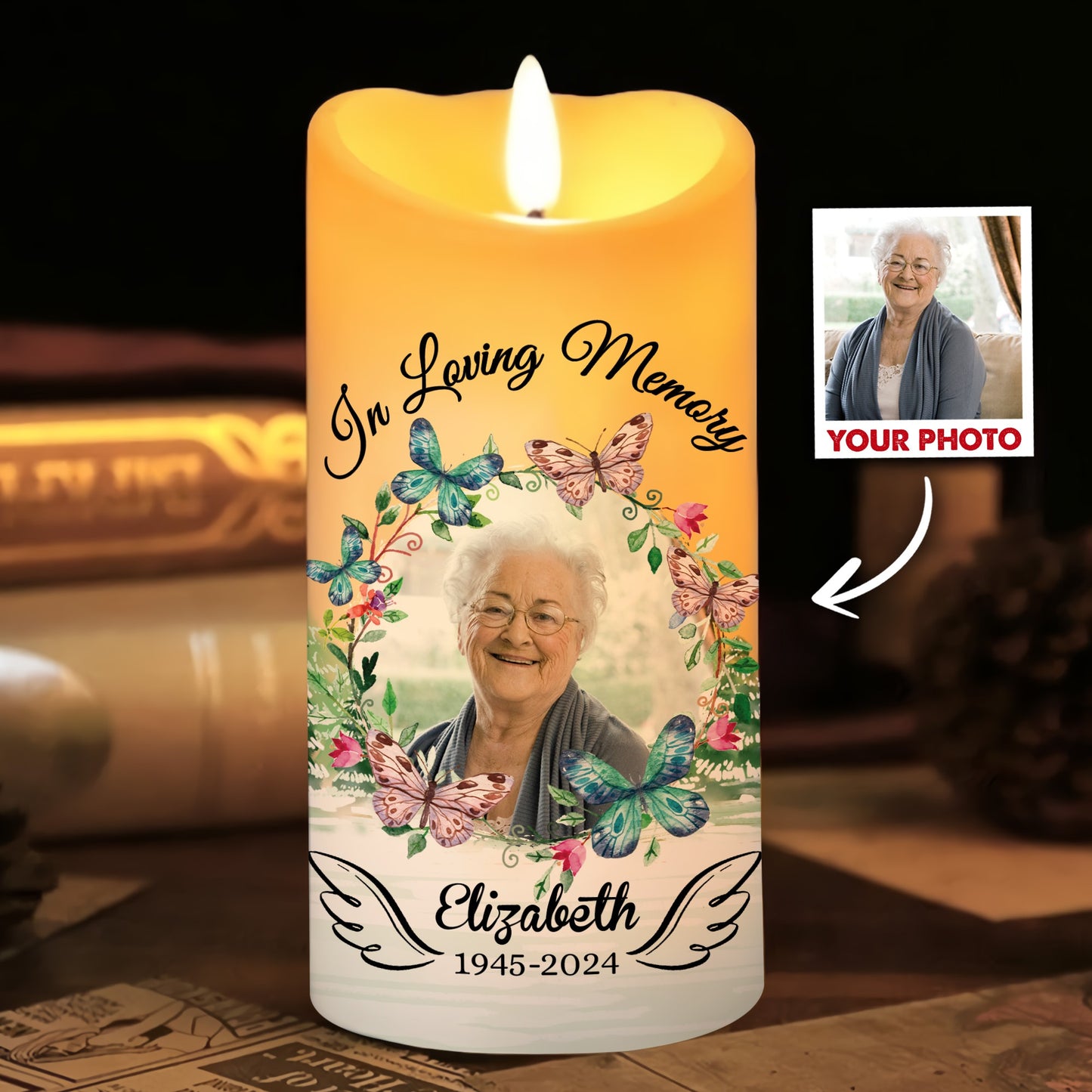 Memorial Photo Candle, In Loving Memory Christmas in Heaven - Personalized Photo LED Candle