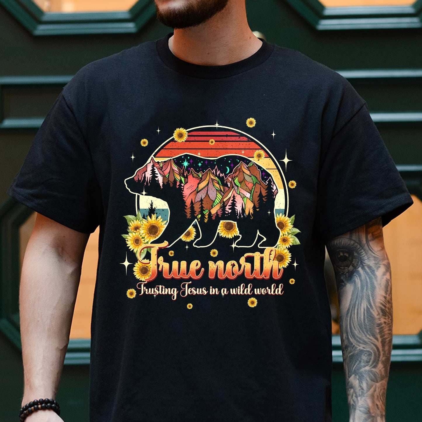 Mountain Bear True North Trusting Jesus In A Wild World Shirt - Inspirational Christian Bear T-Shirt