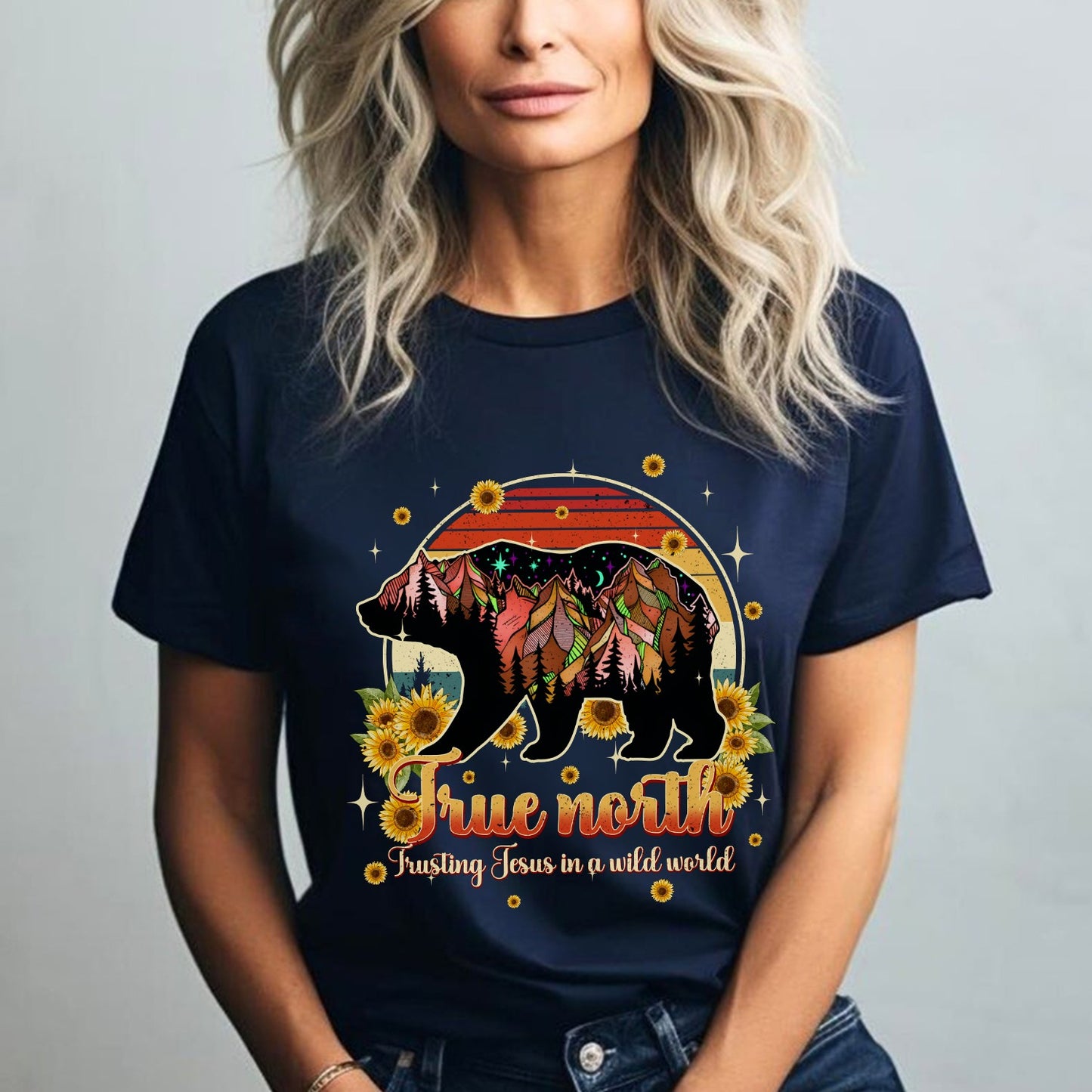 Mountain Bear True North Trusting Jesus In A Wild World Shirt - Inspirational Christian Bear T-Shirt