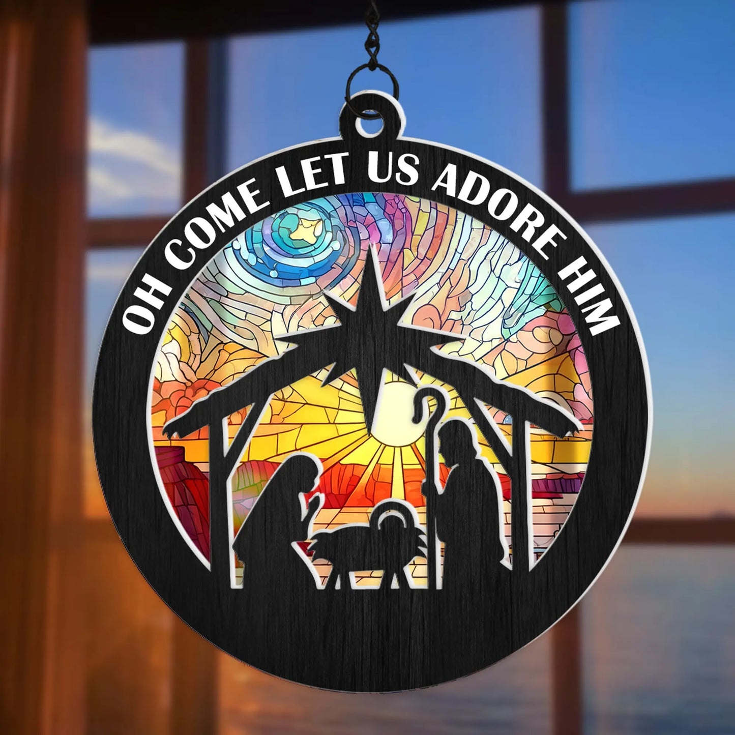 Oh Come Let Us Adore Him Christian Christmas - Personalized Hanging Suncatcher Ornament