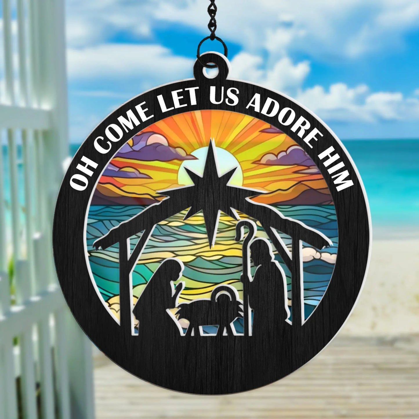 Oh Come Let Us Adore Him Christian Christmas - Personalized Hanging Suncatcher Ornament