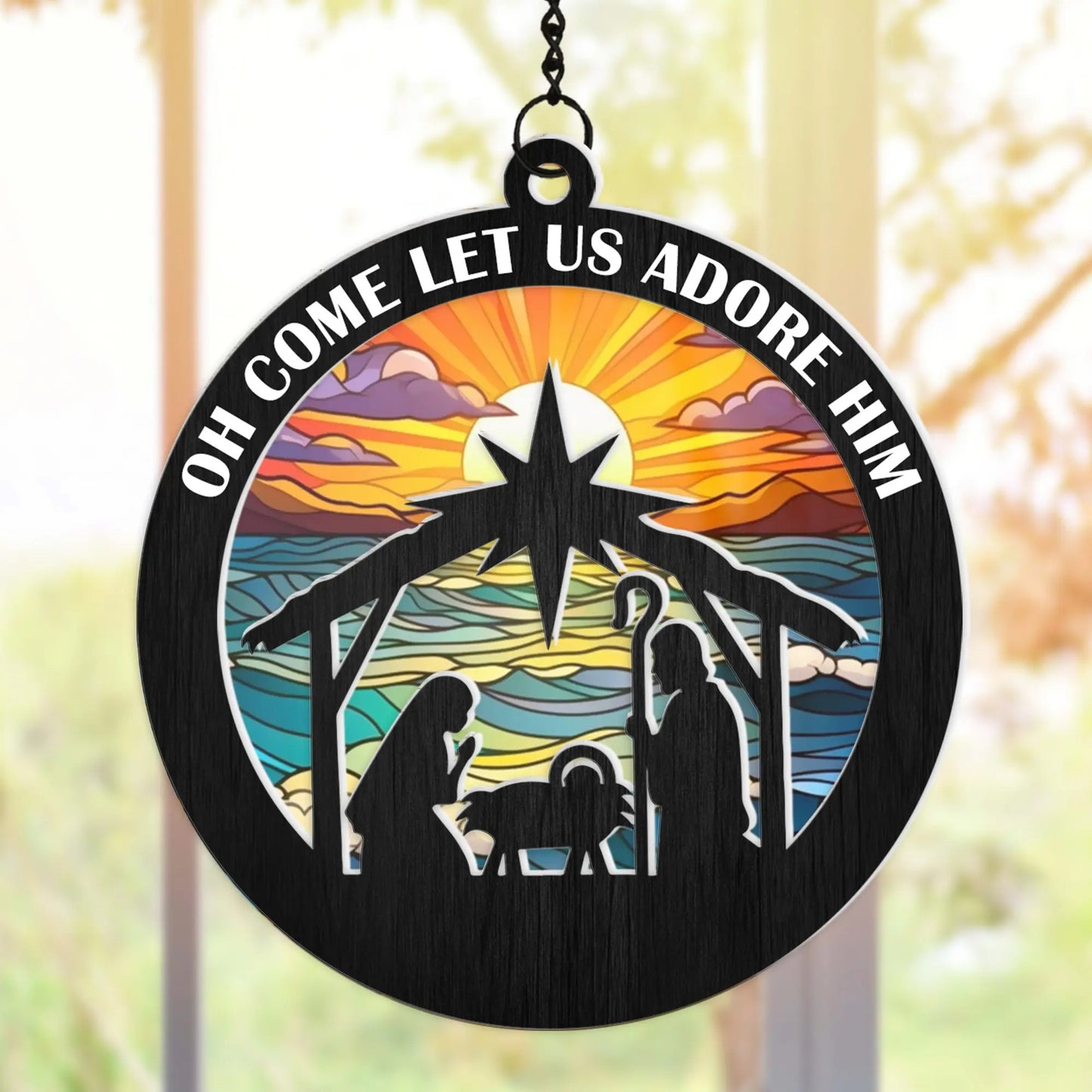 Oh Come Let Us Adore Him Christian Christmas - Personalized Hanging Suncatcher Ornament