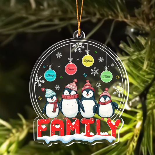 Personalized Penguin Family Christmas Ornament, Custom Family Penguin Christmas With Baubles Acrylic Ornament