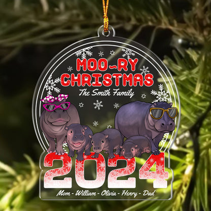 Personalised Hippo Family Christmas, Moo-ry Christmas 2024 Hippo Acrylic Ornament