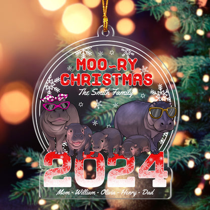 Personalised Hippo Family Christmas, Moo-ry Christmas 2024 Hippo Acrylic Ornament