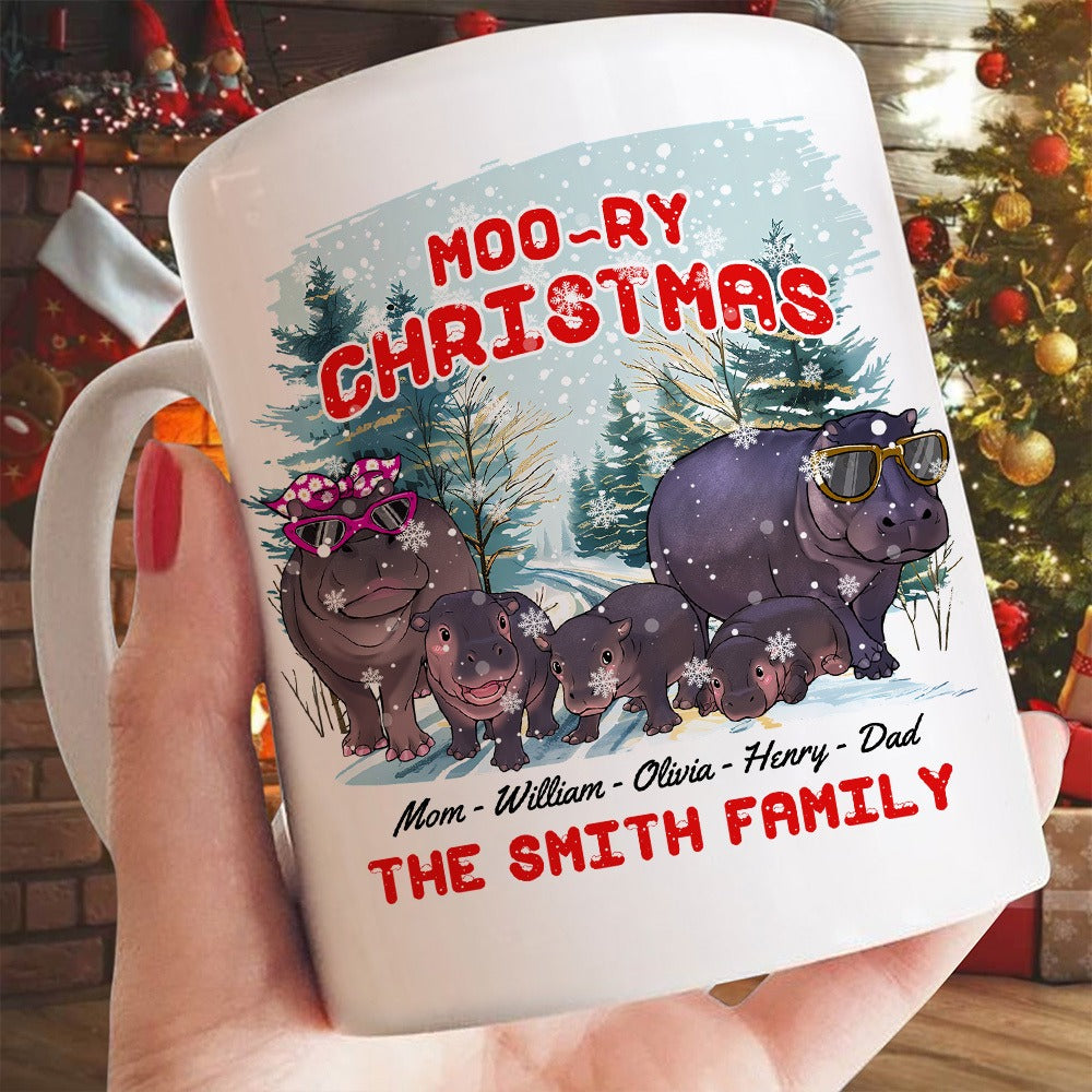 Personalized Hippo Family Christmas, Moo-ry Christmas Hippo Moo Deng White Mug